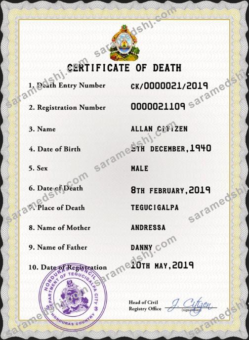 Honduras death certificate PSD template